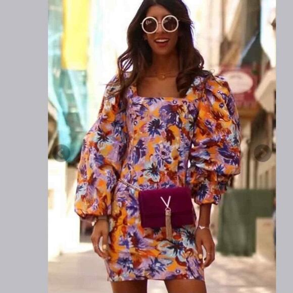 NWT Zara Camilla Puff Sleeve Mini Dress Size Medium Yellow Floral Long Sleeve - Picture 4 of 11